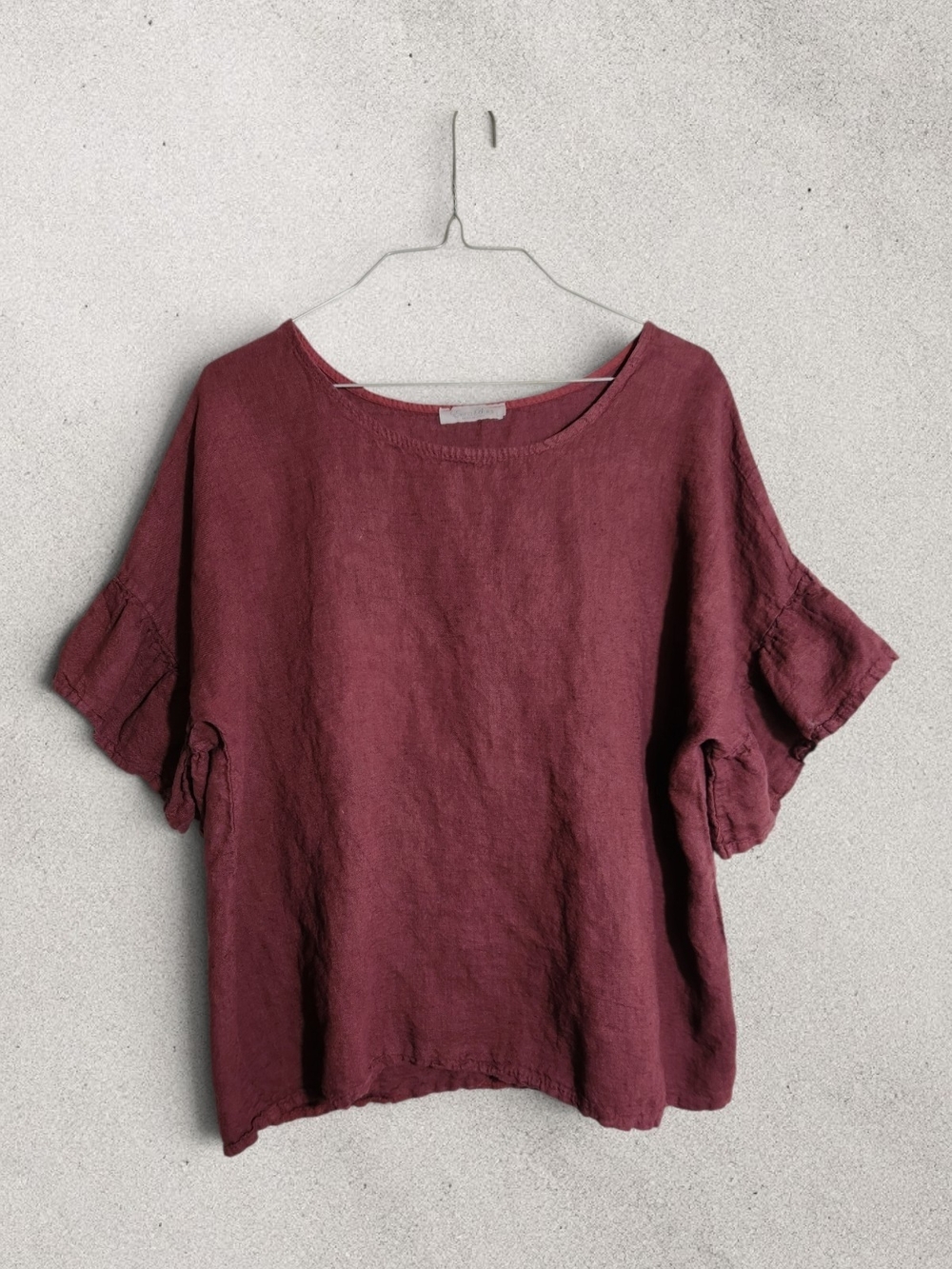 100% Linen Maroon Berry Ruffle Short Sleeve Top Made In Italy